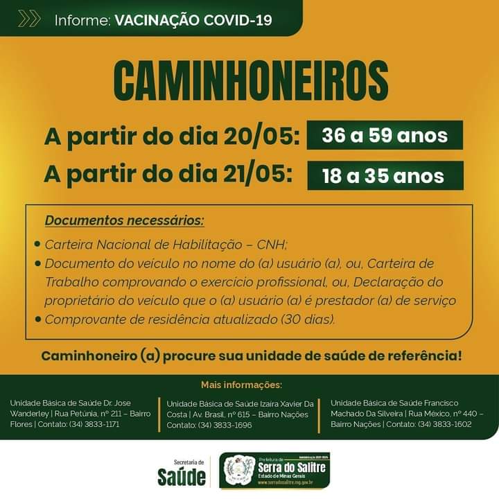 Post no Facebook de Serra do Salitre sobre a vacinação de caminhoneiros