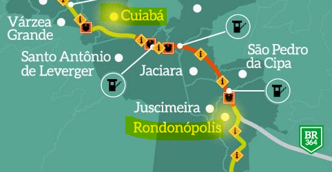Mapa do trecho da BR-163/364/MT de Cuiabá a Rondonópolis.