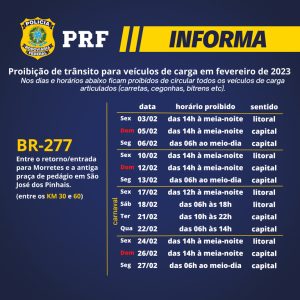 Veículos de carga estão proibidos de circular na BR-277 nos finais de semana de fevereiro