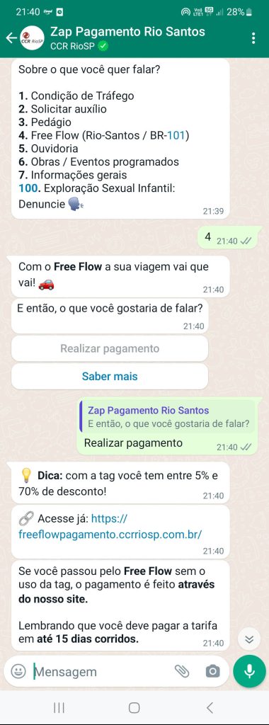 print de conversa para pagar pedágio free flow por Whatsapp