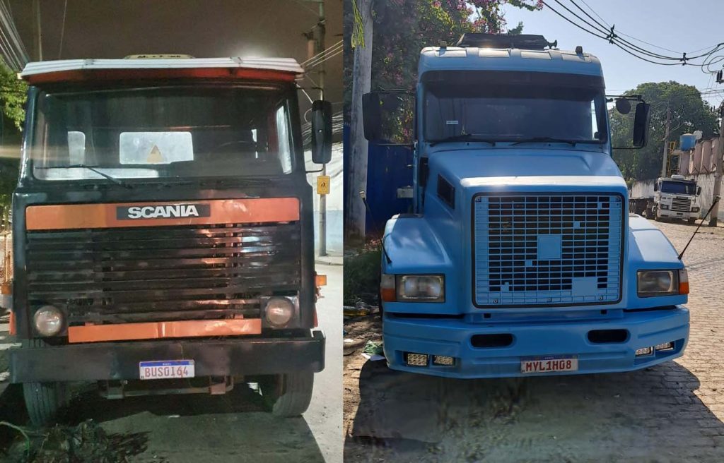 Caminhão que foi sucateado e o caminhão um pouco mais novo comprado pelo caminhoneiro autônomo Gustavo Souza