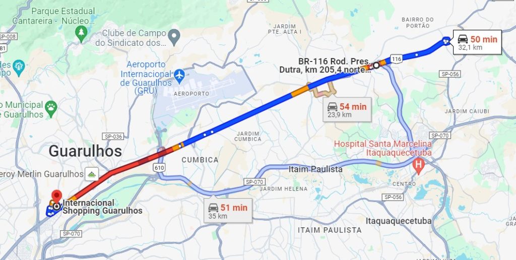 Trecho entre Guarulhos e Arujá onde deverá ser instalado os pórticos do Free Flow. Imagem: Google Maps