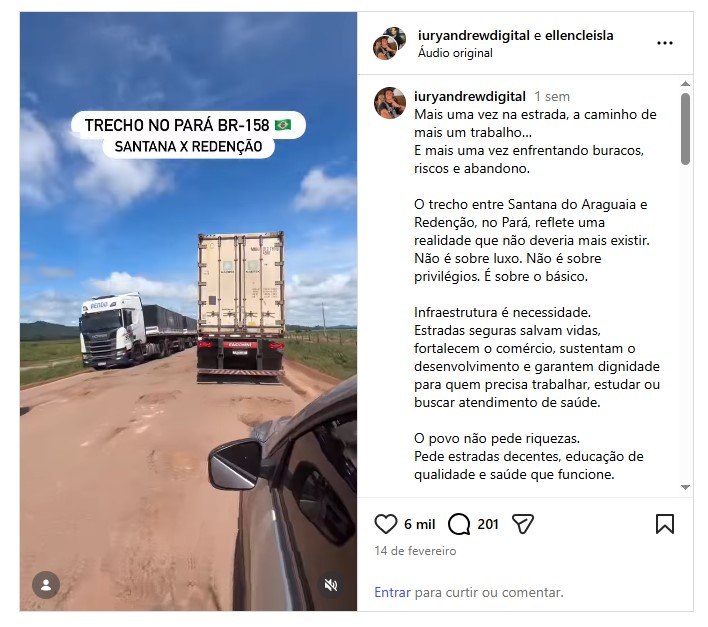 Abandono e buracos colocam motoristas em risco na BR-158 no Pará