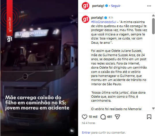 Última viagem: mãe caminhoneira leva caixão do filho em seu caminhão